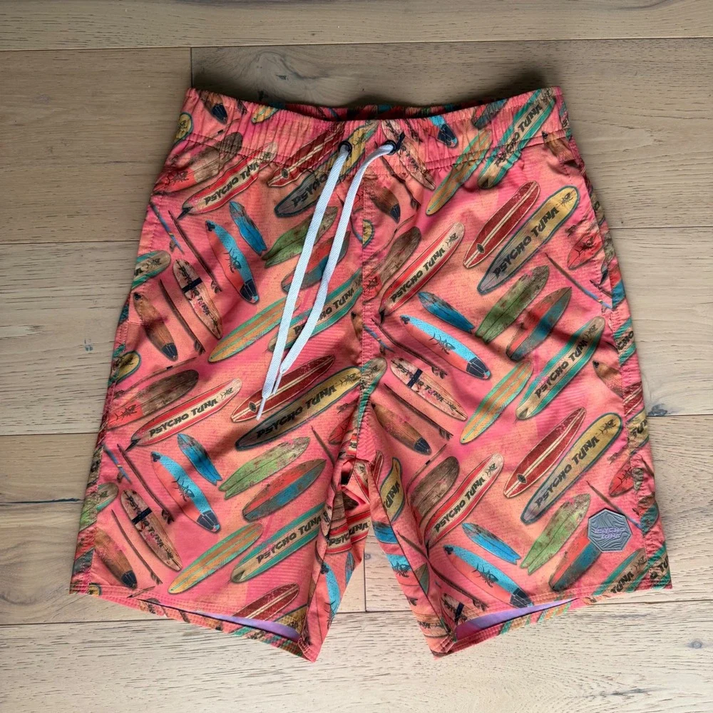 Psycho Tuna Boys Surfboard Print Swim Trunks Coral Pink Size L 14-16